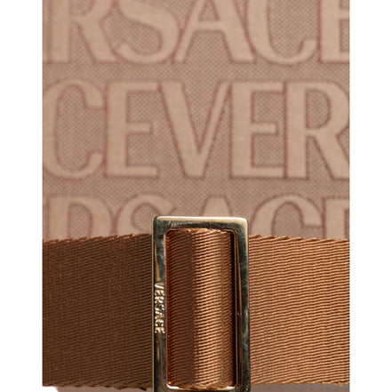 Versace Brown Top Handle Jacquard Leather Logo Crossbody Tote Bag