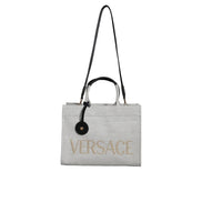 Geantă tote crossbody Versace, albă, cu mâner superior, din pânză și piele, cu logo