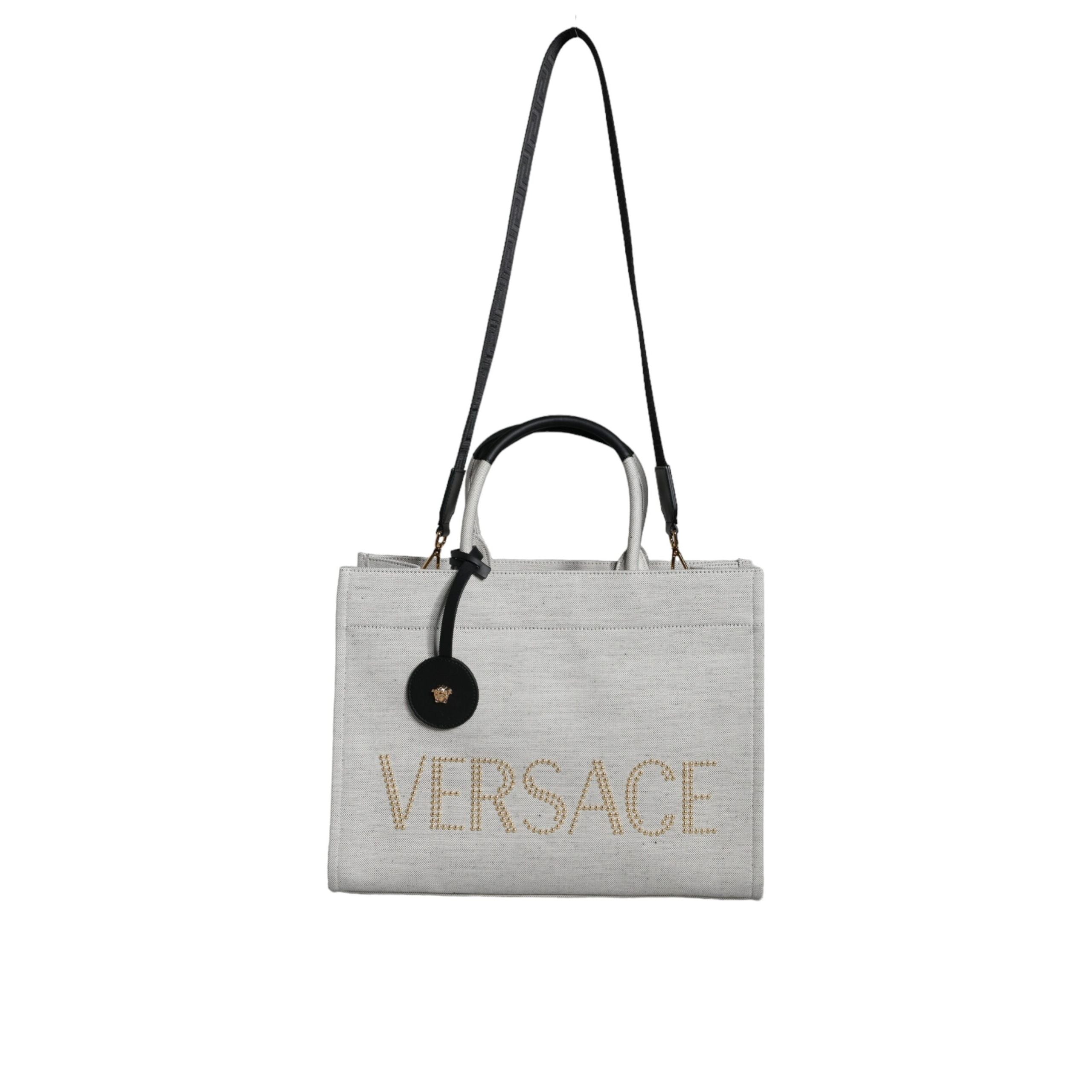 Geantă tote crossbody Versace, albă, cu mâner superior, din pânză și piele, cu logo