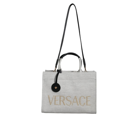 Geantă tote crossbody Versace, albă, cu mâner superior, din pânză și piele, cu logo