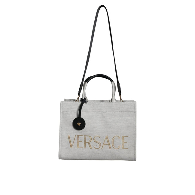 Geantă tote crossbody Versace, albă, cu mâner superior, din pânză și piele, cu logo
