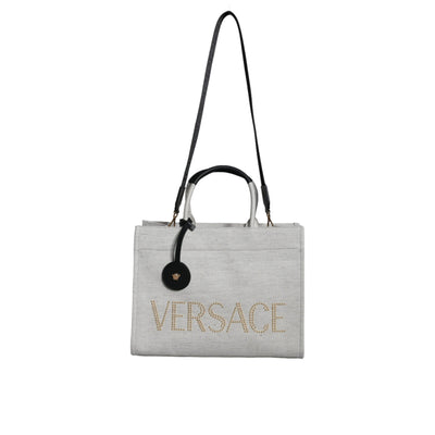 Geantă tote crossbody Versace, albă, cu mâner superior, din pânză și piele, cu logo