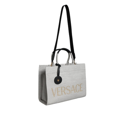Geantă tote crossbody Versace, albă, cu mâner superior, din pânză și piele, cu logo