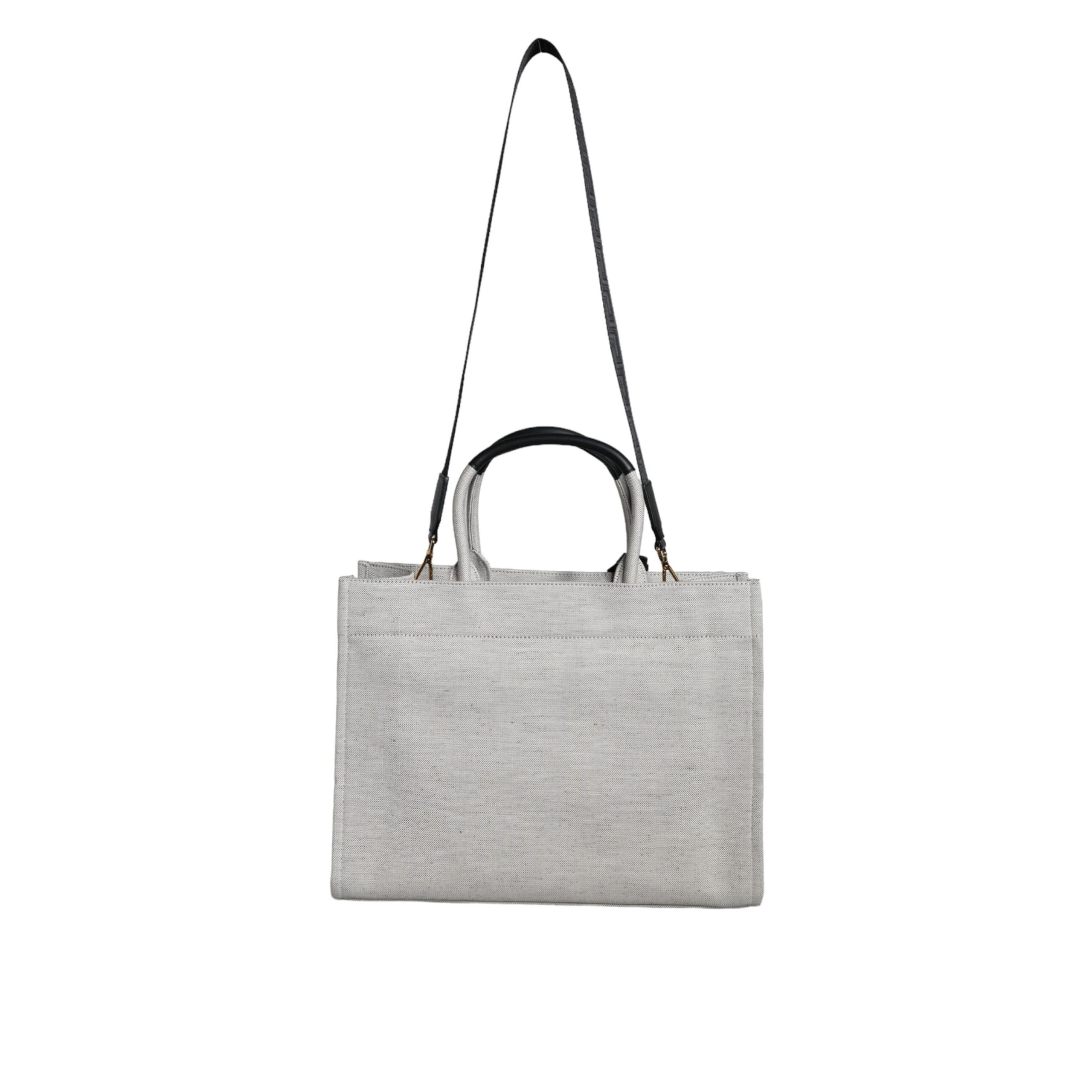Geantă tote crossbody Versace, albă, cu mâner superior, din pânză și piele, cu logo