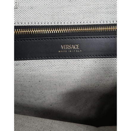 Geantă tote crossbody Versace, albă, cu mâner superior, din pânză și piele, cu logo