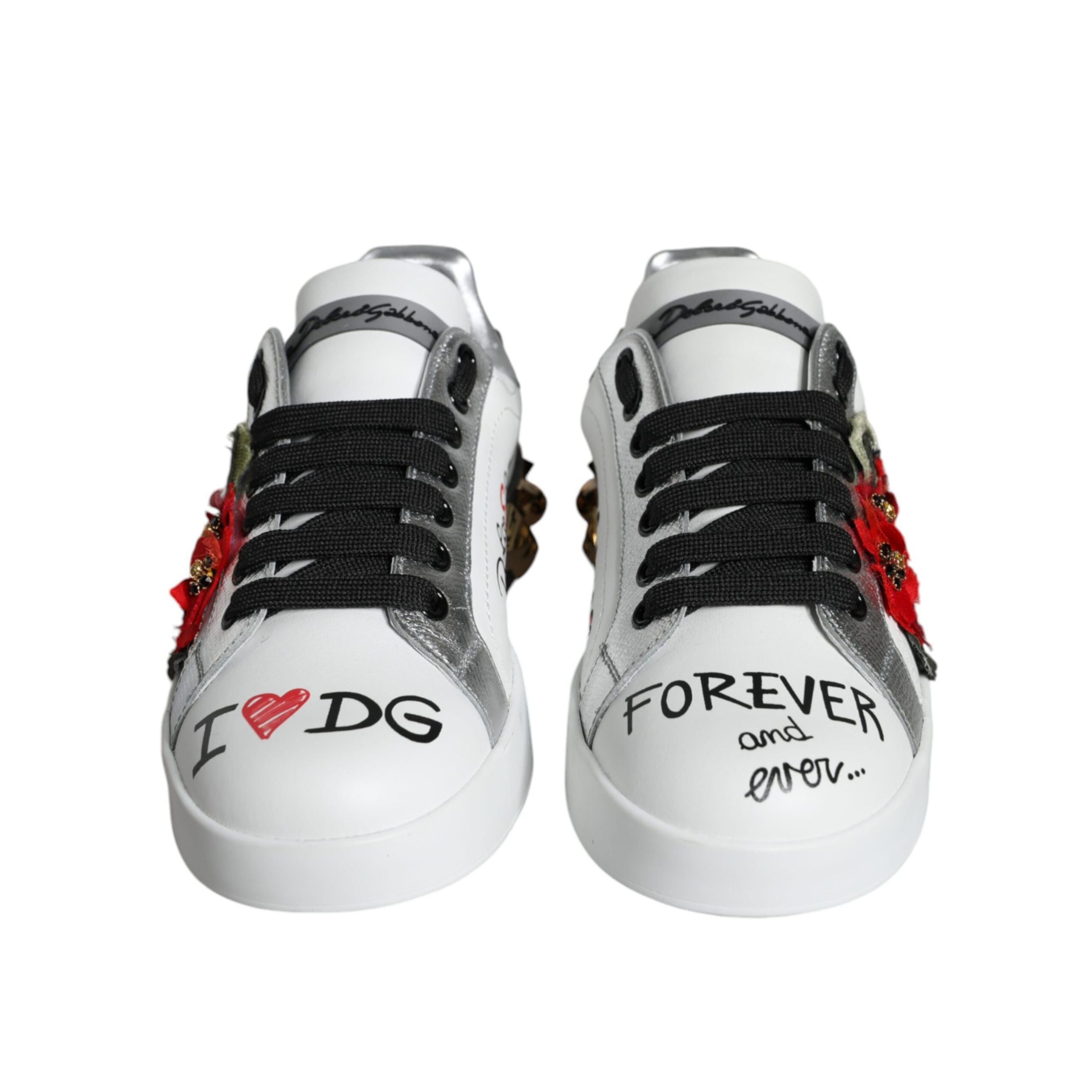 Dolce & Gabbana White Leather Floral Studded Sneakers