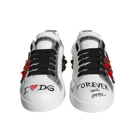 Dolce & Gabbana White Leather Floral Studded Sneakers