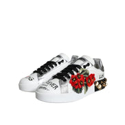 Dolce & Gabbana White Leather Floral Studded Sneakers