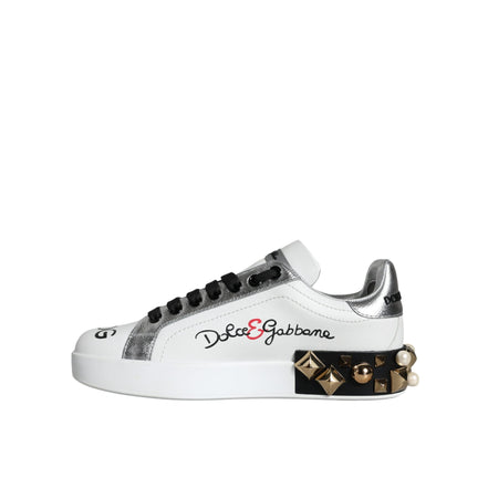Dolce & Gabbana White Leather Floral Studded Sneakers