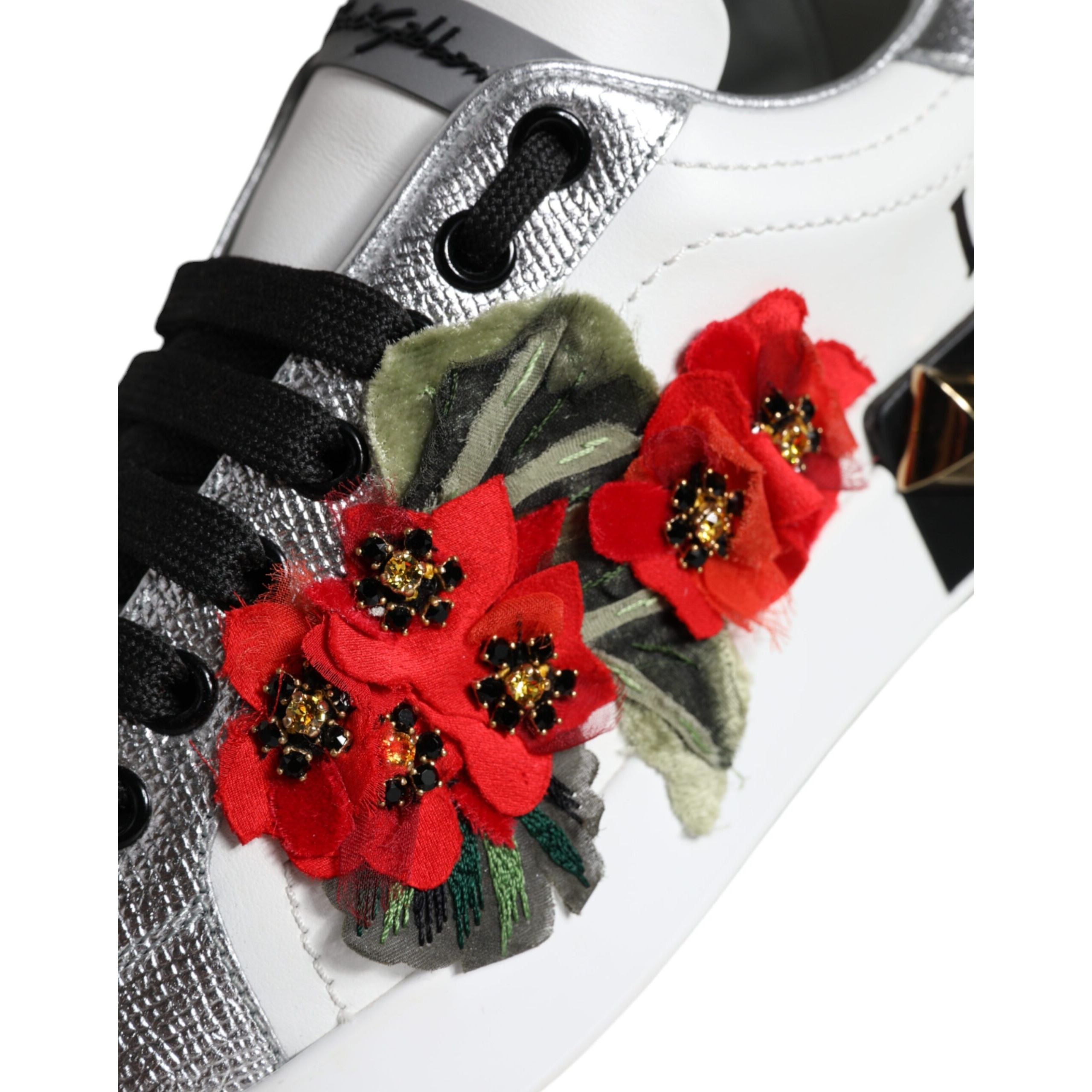 Dolce & Gabbana White Leather Floral Studded Sneakers