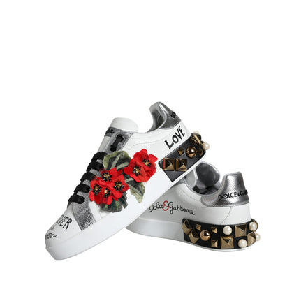 Dolce & Gabbana White Leather Floral Studded Sneakers