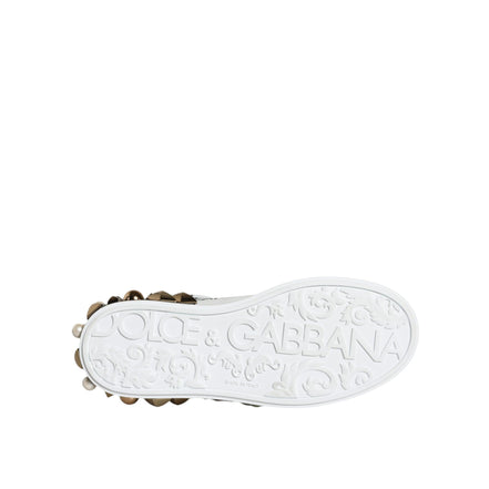 Dolce & Gabbana White Leather Floral Studded Sneakers