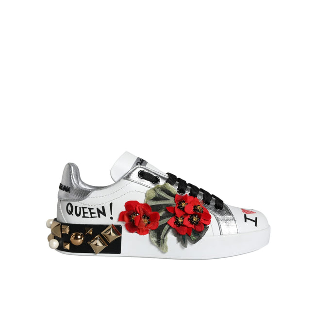 Dolce & Gabbana White Leather Floral Studded Sneakers