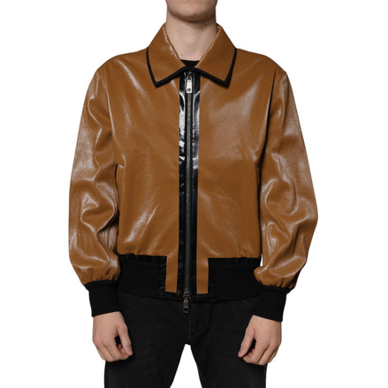 Dolce & Gabbana Brown Leather Full Zip Bomber Jacket