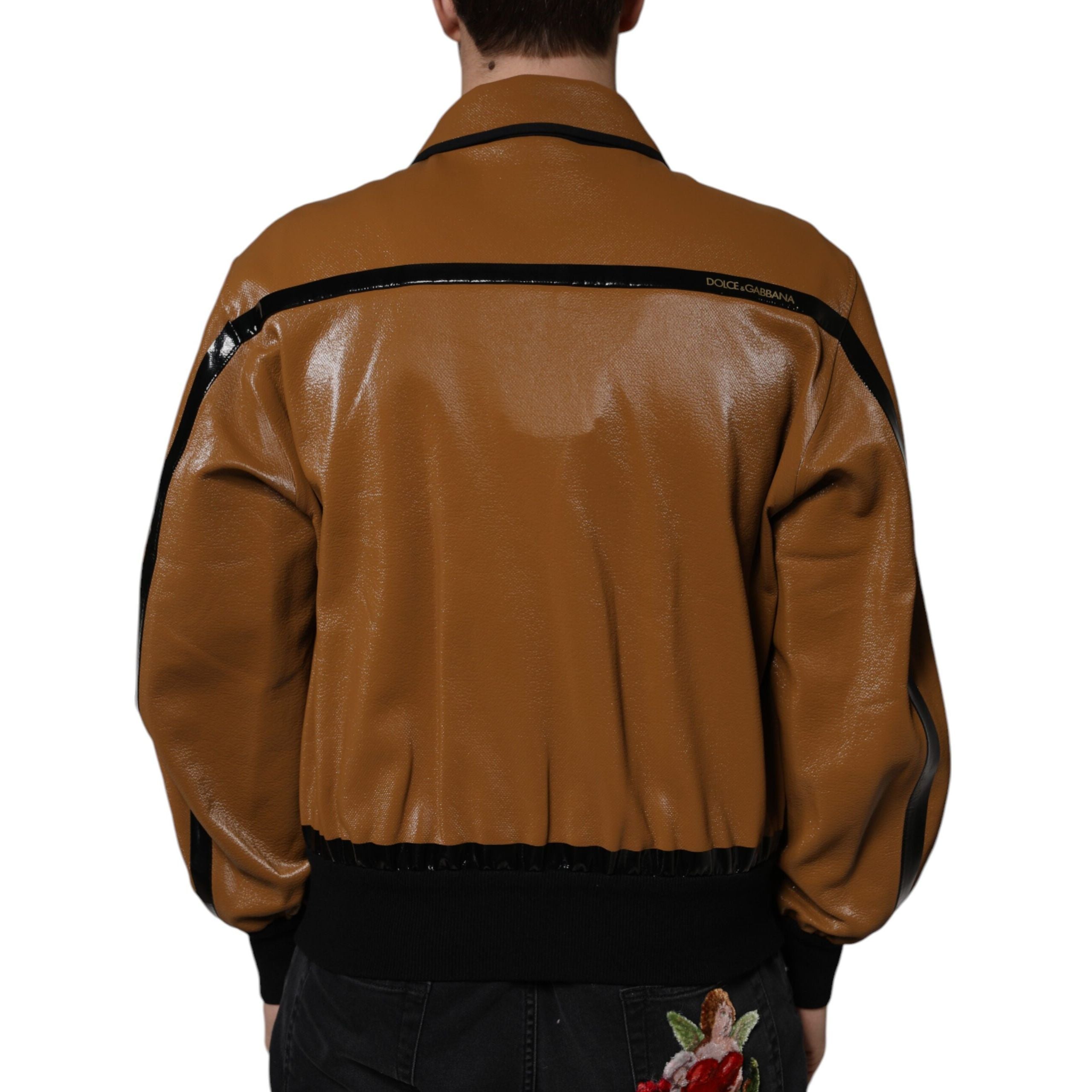 Dolce & Gabbana Brown Leather Full Zip Bomber Jacket