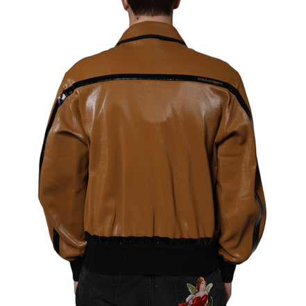 Dolce & Gabbana Brown Leather Full Zip Bomber Jacket
