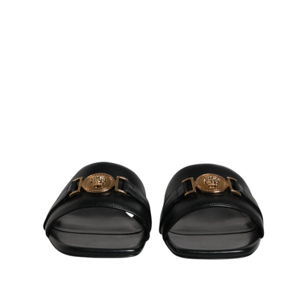 Versace Black Leather Slip-On Slides