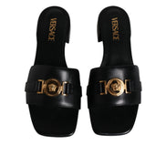 Versace Black Leather Slip-On Slides