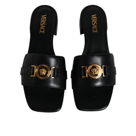 Versace Black Leather Slip-On Slides
