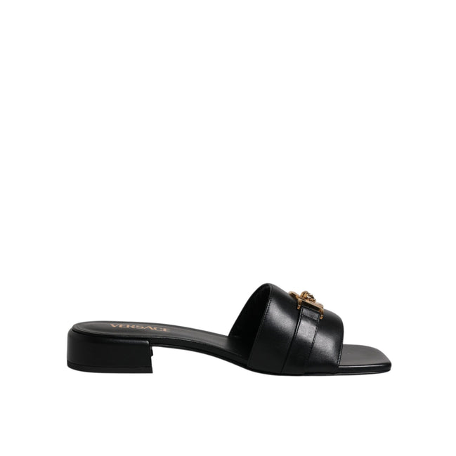 Versace Black Leather Slip-On Slides