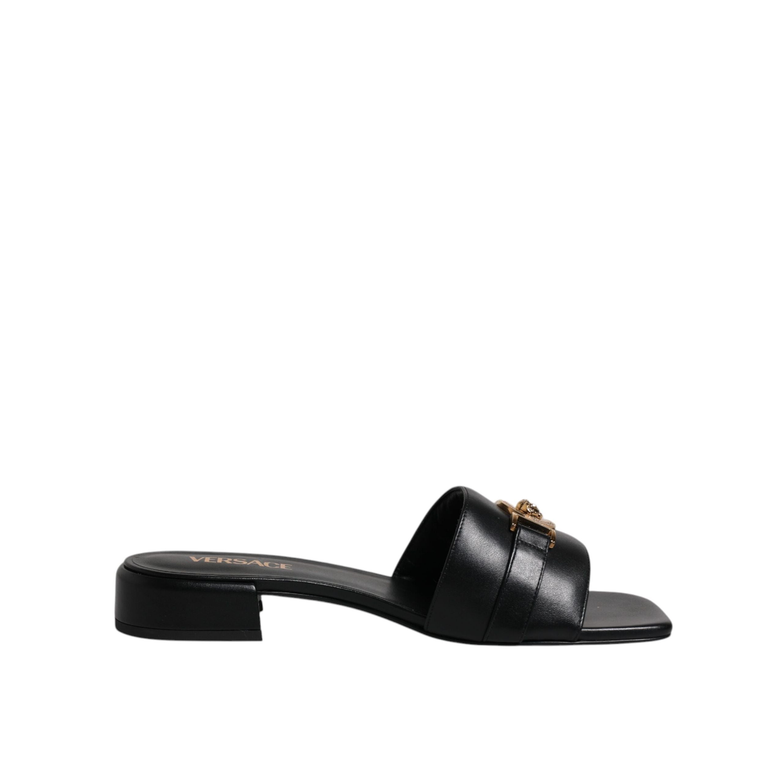 Versace Black Leather Slip-On Slides