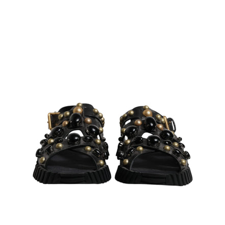 Dolce & Gabbana Black Leather Studded Slide Sandals