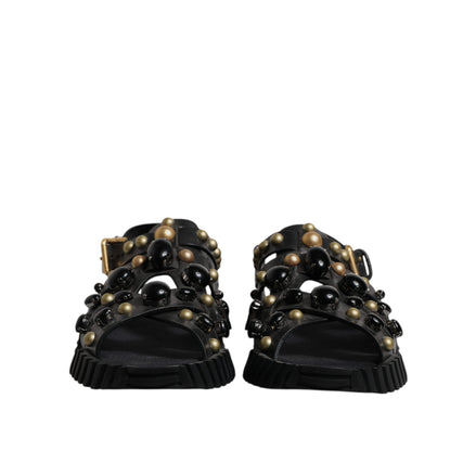Dolce & Gabbana Black Leather Studded Slide Sandals