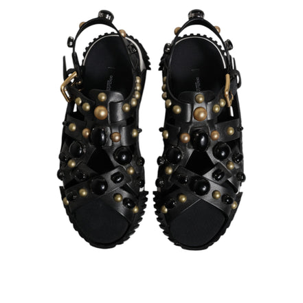 Dolce & Gabbana Black Leather Studded Slide Sandals