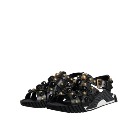 Dolce & Gabbana Black Leather Studded Slide Sandals