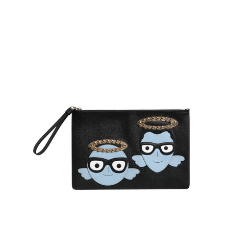 Dolce & Gabbana Geantă plic neagră din piele, cu fermoar, decorată cu aplicații #DGFAMILY