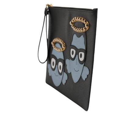 Dolce & Gabbana Geantă plic neagră din piele, cu fermoar, decorată cu aplicații #DGFAMILY