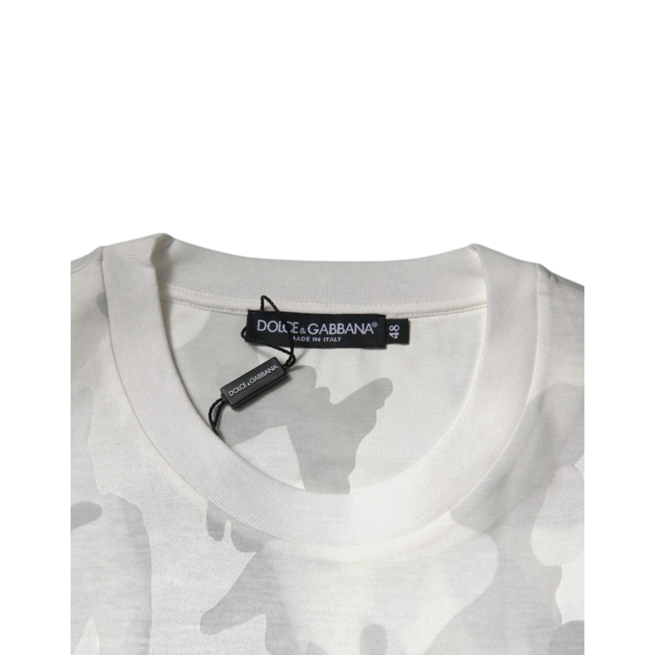Tricou Dolce & Gabbana bumbac, alb-gri camuflaj, cu decolteu rotund