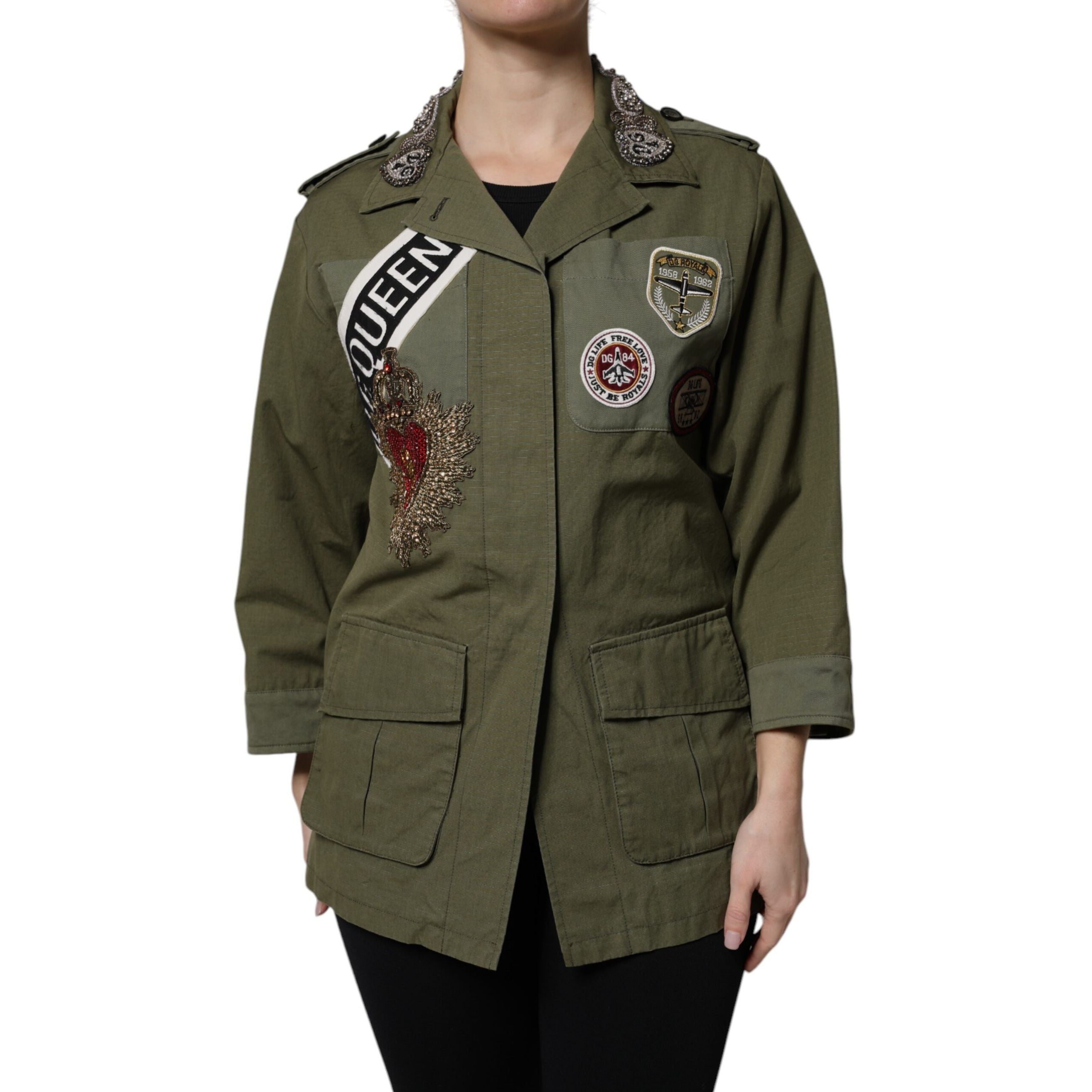 Dolce & Gabbana Military Green Queen Embellished Coat Jacket