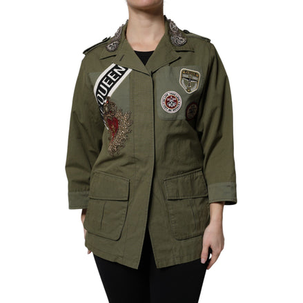 Dolce & Gabbana Military Green Queen Embellished Coat Jacket
