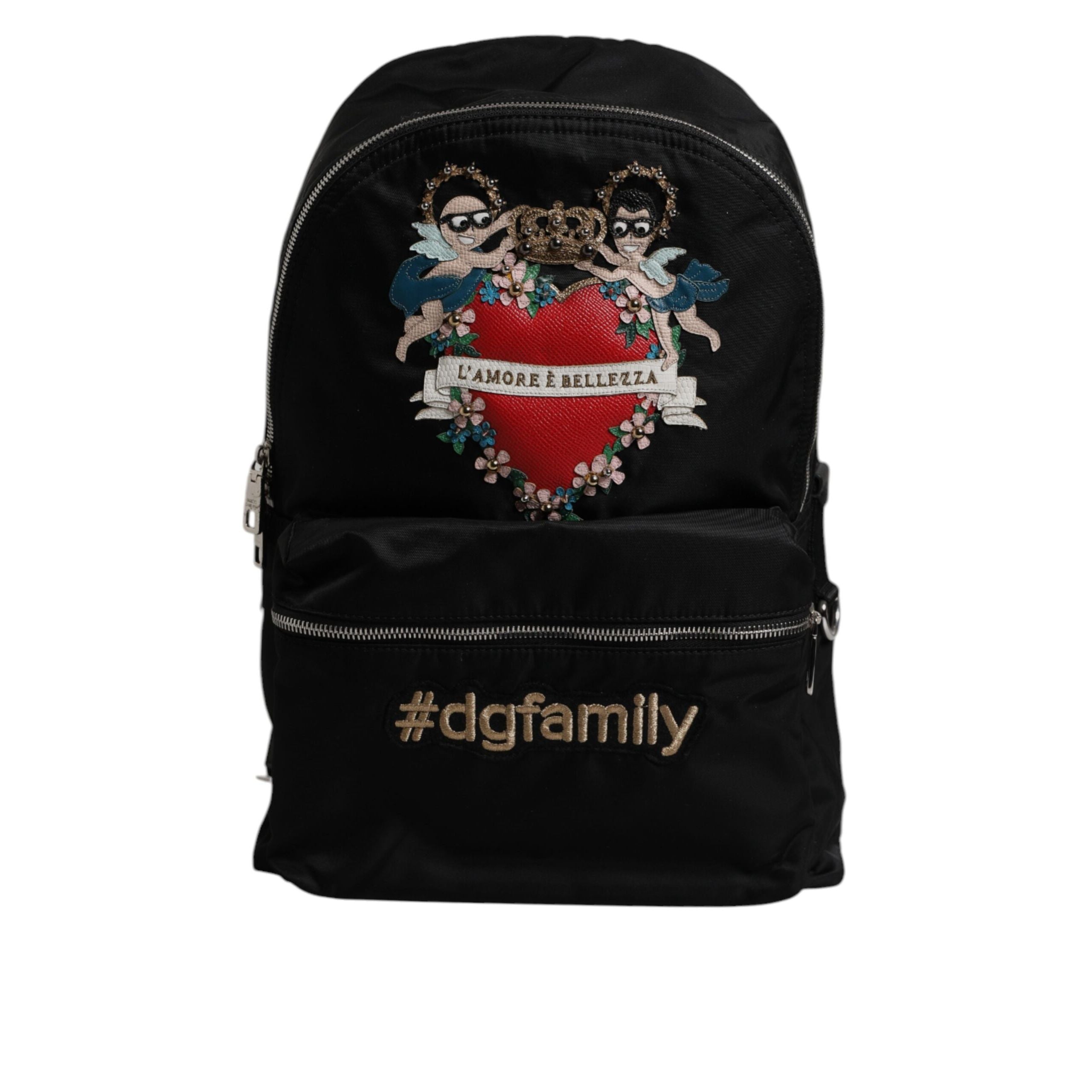 Rucsac Dolce & Gabbana negru, înfrumusețat cu #DGFAMILY, model VULCANO