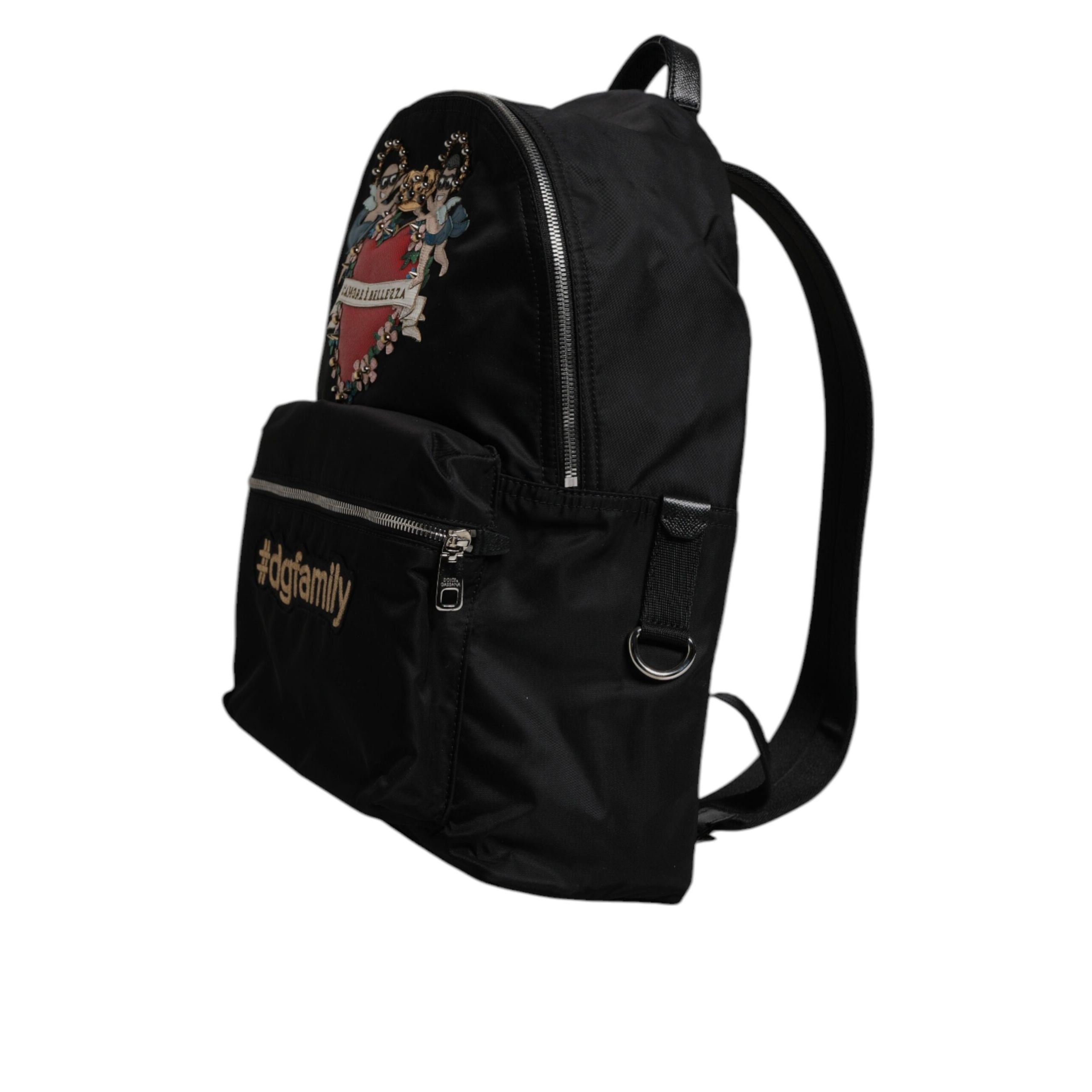 Rucsac Dolce & Gabbana negru, înfrumusețat cu #DGFAMILY, model VULCANO