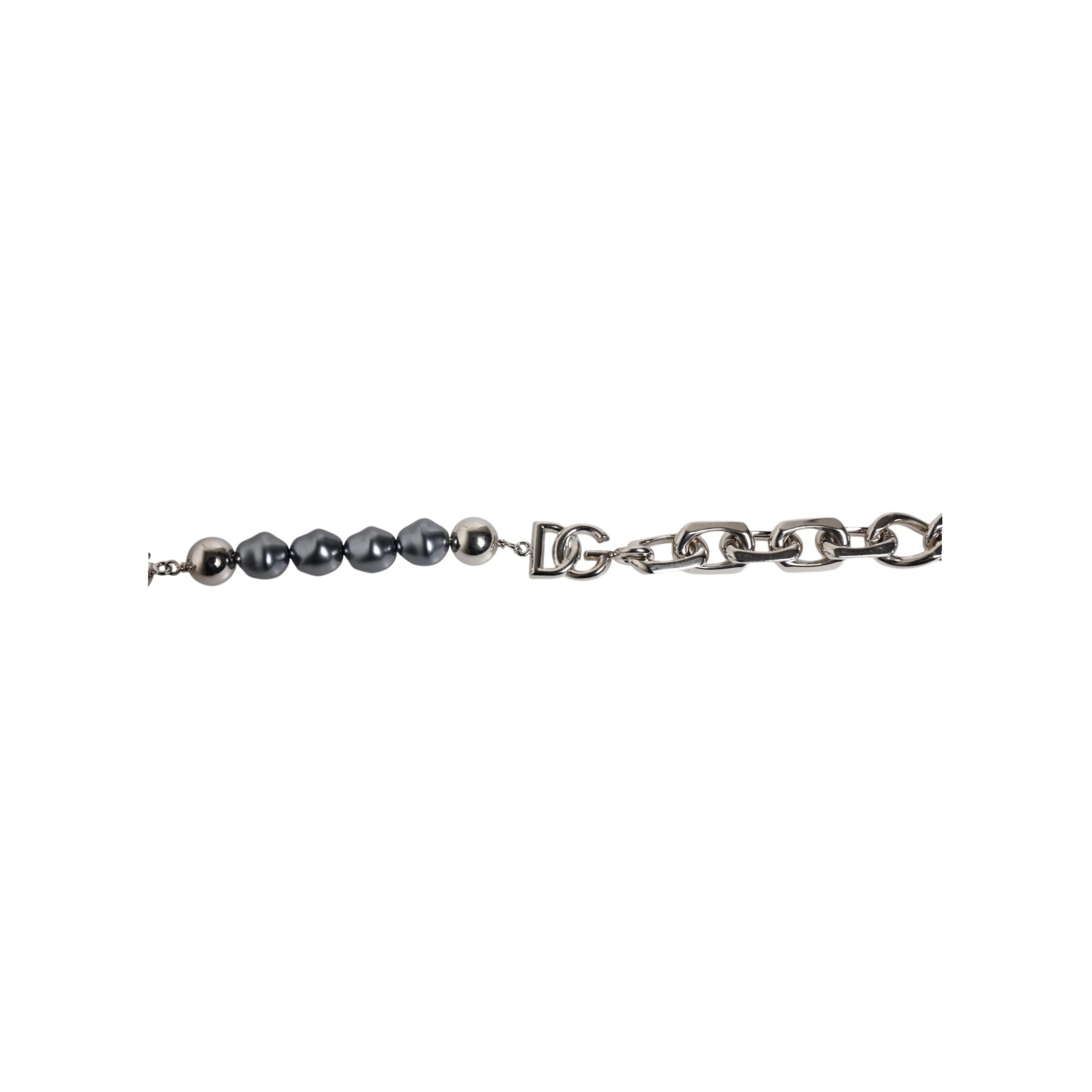 Dolce & Gabbana Silver Tone Chain Lobster Clasp Logo Grey Pearls Bracelet