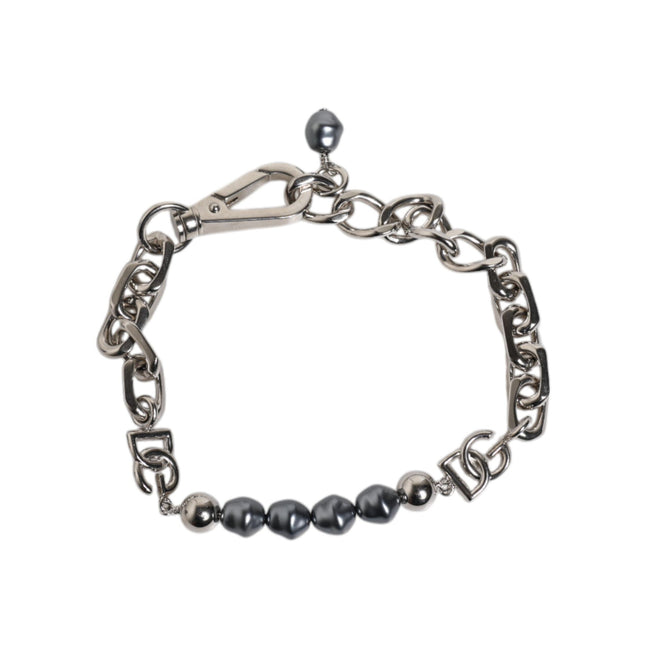 Dolce & Gabbana Silver Tone Chain Lobster Clasp Logo Grey Pearls Bracelet