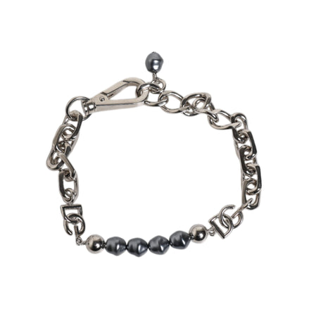 Dolce & Gabbana Silver Tone Chain Lobster Clasp Logo Grey Pearls Bracelet