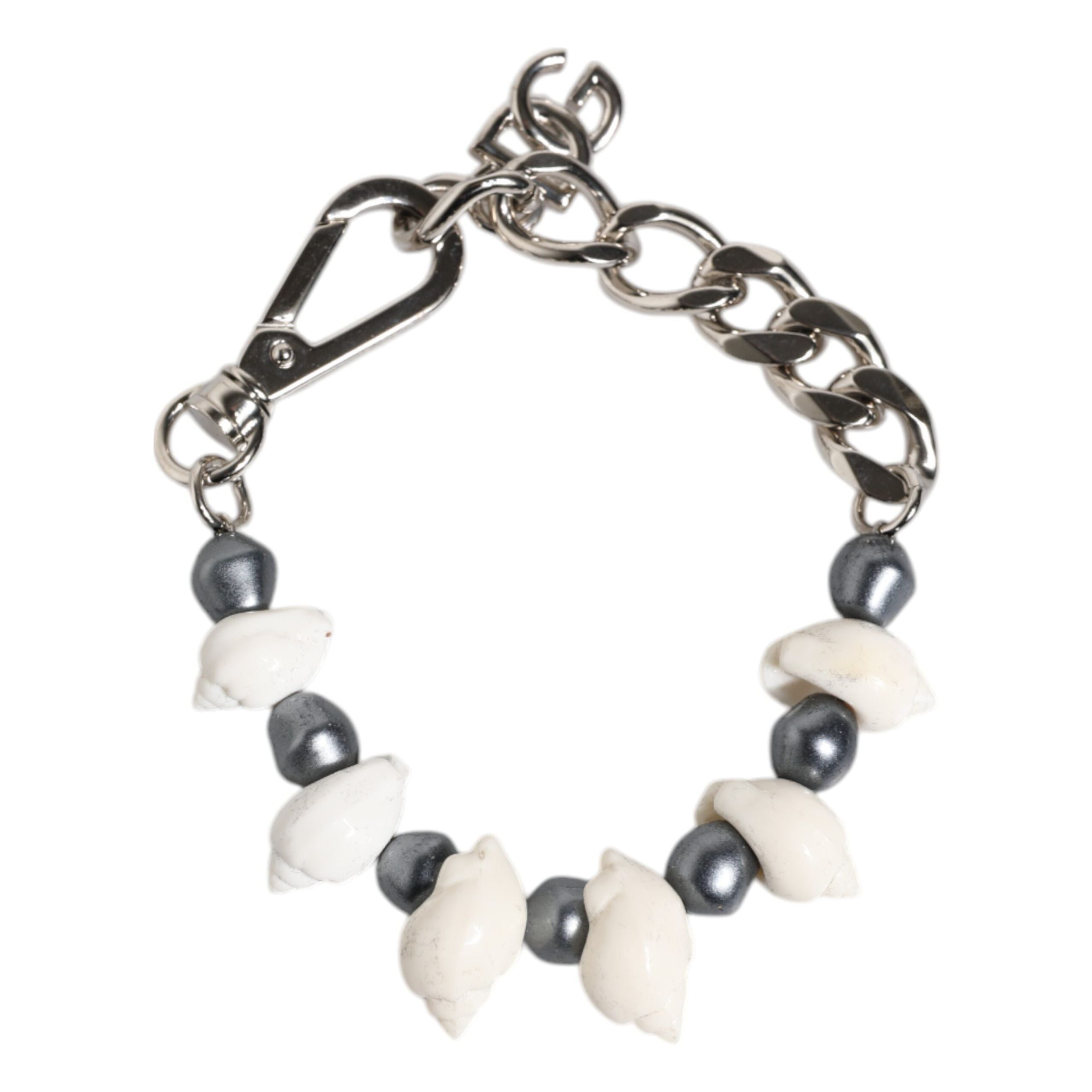 Dolce & Gabbana Silver Tone Brass Beaded Shell DG Logo Pendant Bracelet