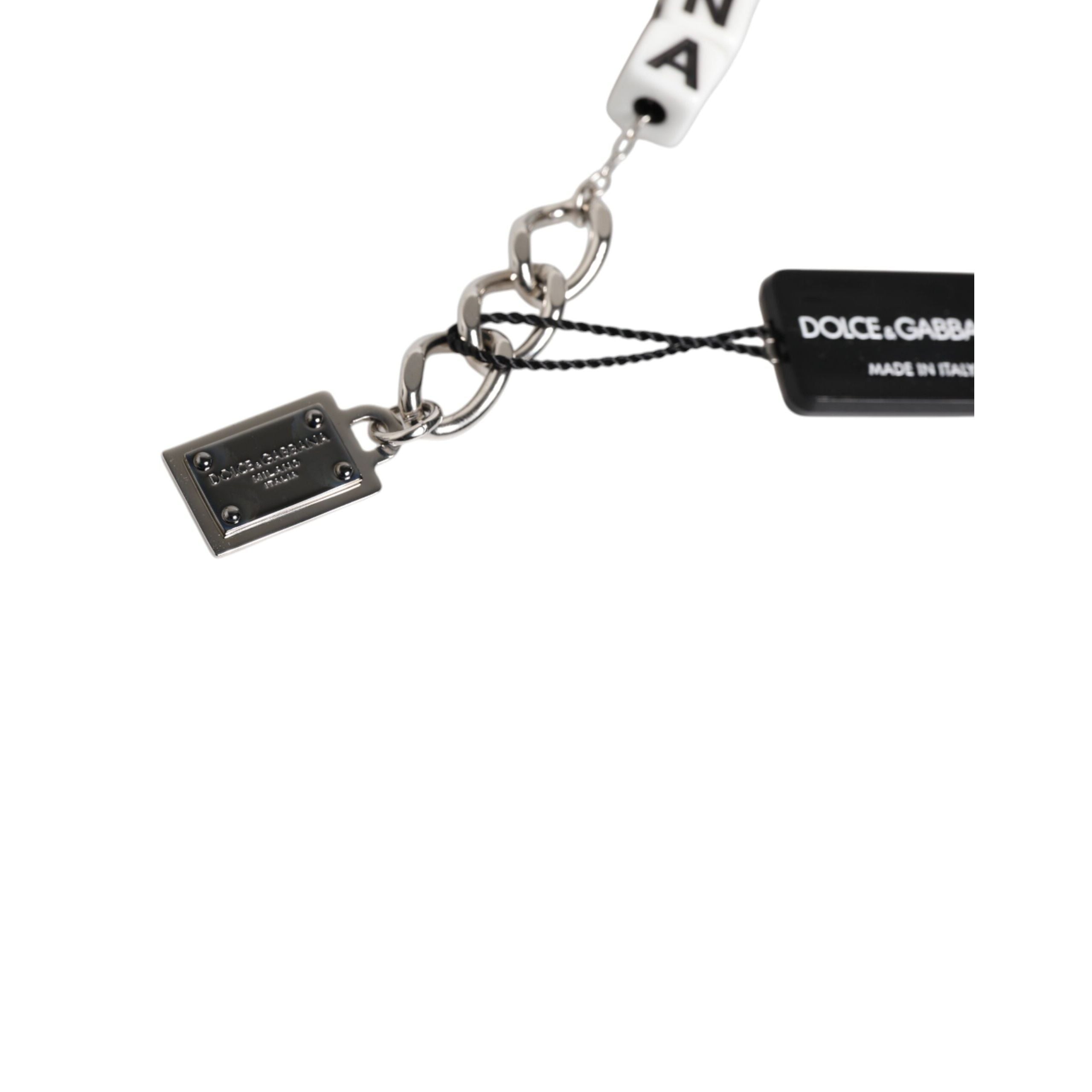 Brățară cu charm Dolce & Gabbana, din alamă argintie, lanț, zaruri și logo încrustat