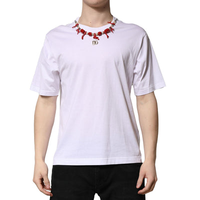 Tricou Dolce & Gabbana alb din bumbac cu decolteu rotund și ornamente aplicate