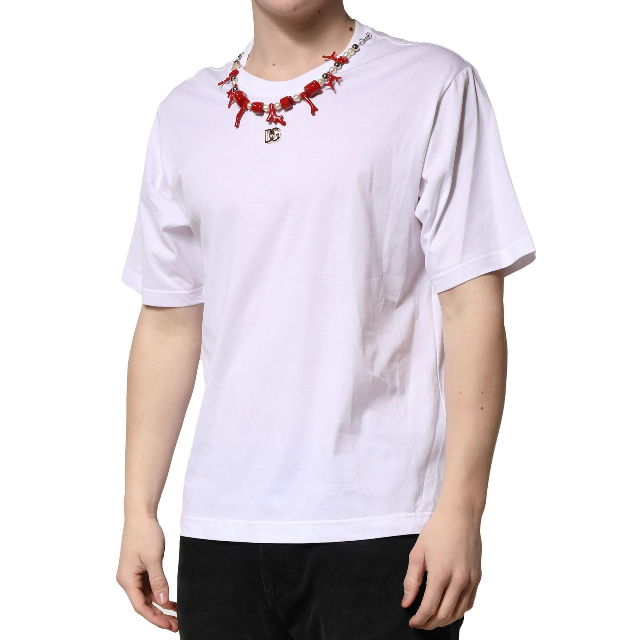 Dolce & Gabbana White Embellished Cotton Crew Neck T-shirt