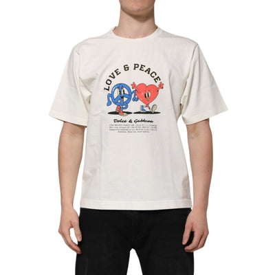Tricou din bumbac Dolce & Gabbana cu decolteu rotund, alb, cu mesajele „Love” și „Peace”