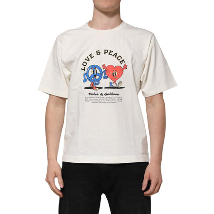 Tricou din bumbac Dolce & Gabbana cu decolteu rotund, alb, cu mesajele „Love” și „Peace”