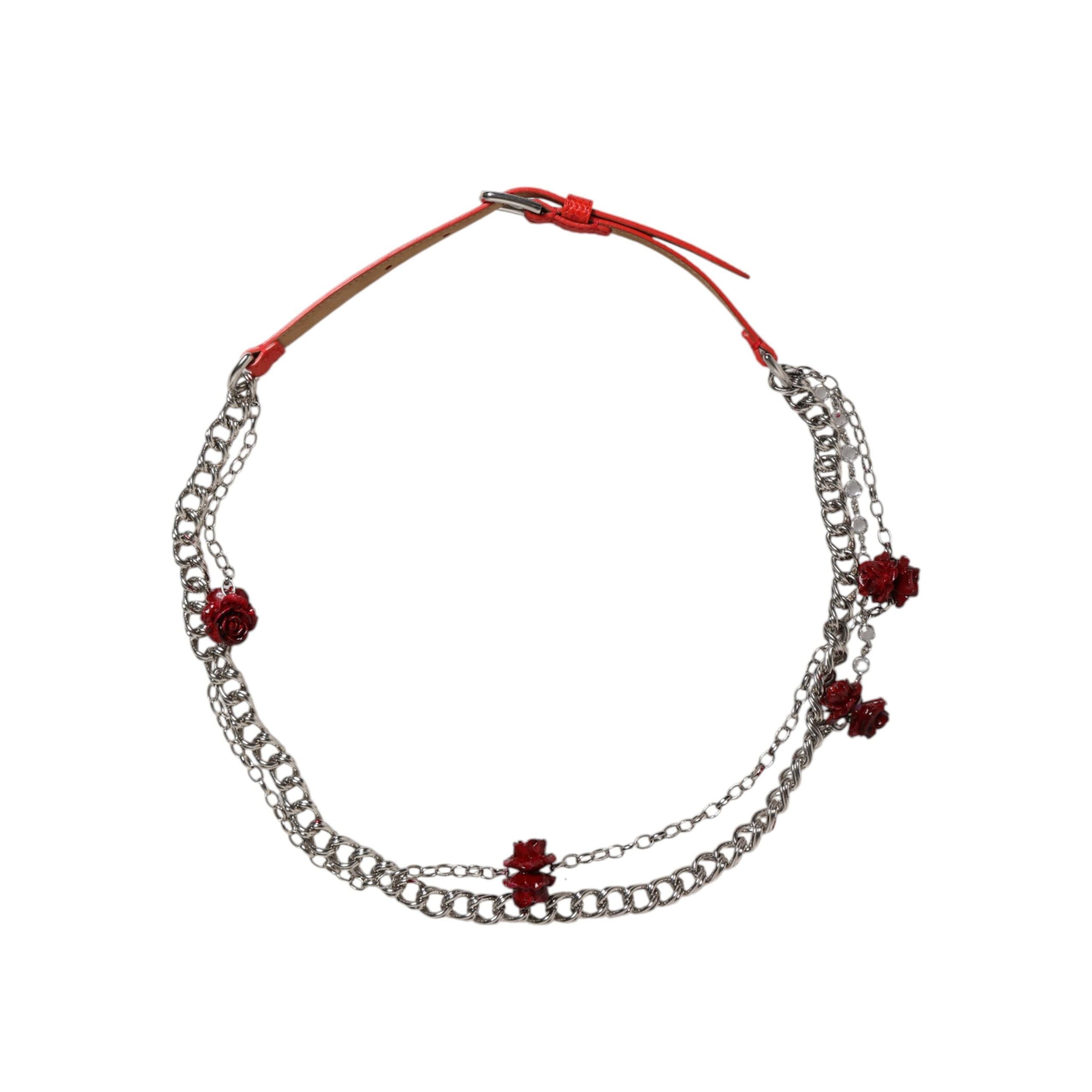 Dolce & Gabbana Red Leather Silver Chain Floral Belt