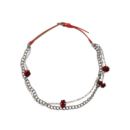 Dolce & Gabbana Red Leather Silver Chain Floral Belt