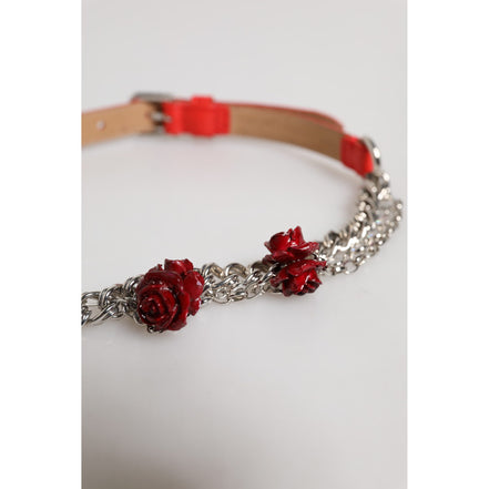 Dolce & Gabbana Red Leather Silver Chain Floral Belt