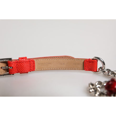 Dolce & Gabbana Red Leather Silver Chain Floral Belt