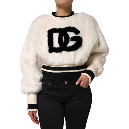 Dolce & Gabbana Bluză de trening scurtă albă DG din blană artificială